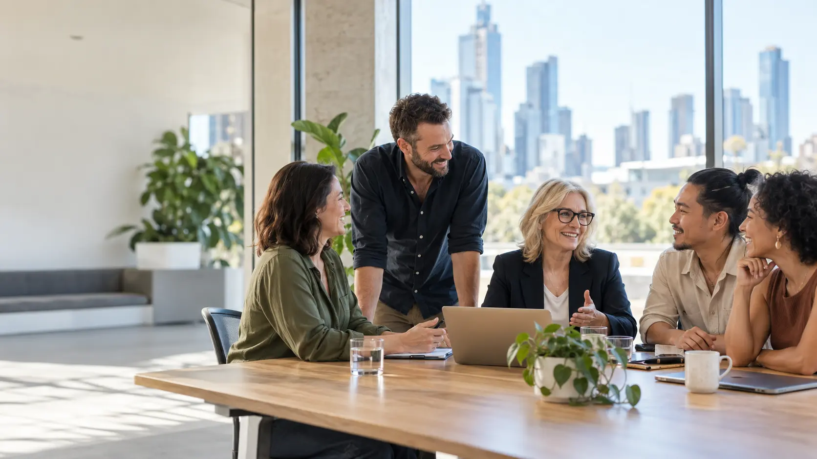 A diverse business team meeting with an HR consultant